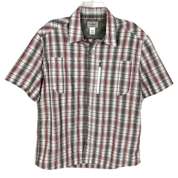 L.L. Bean Grey Red Plaid Nylon Blend Outdoor Hiking Short Sleeve Button Shirt - Picture 1 of 9